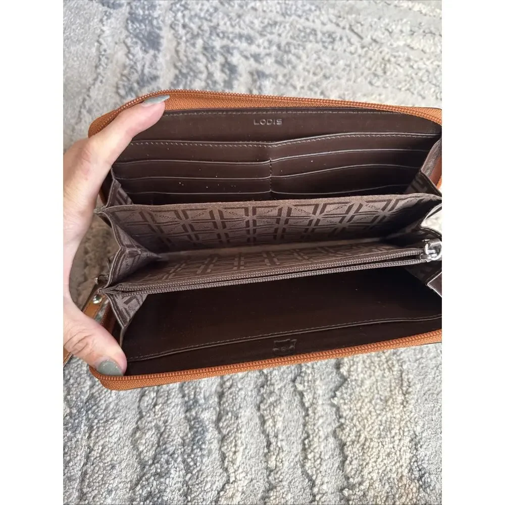 LODIS Tan Leather Zip Around Wristlet Clutch Wallet